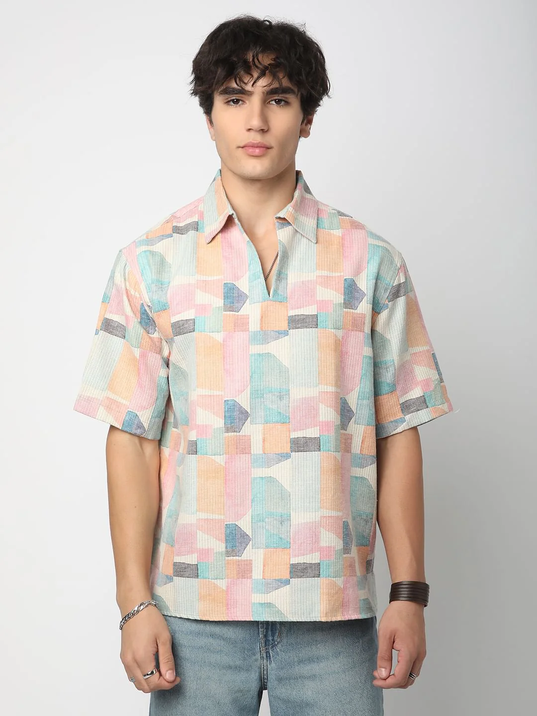 Soft Pastel Hues Abstract Printed Oversized Polo Shirt - Image 5