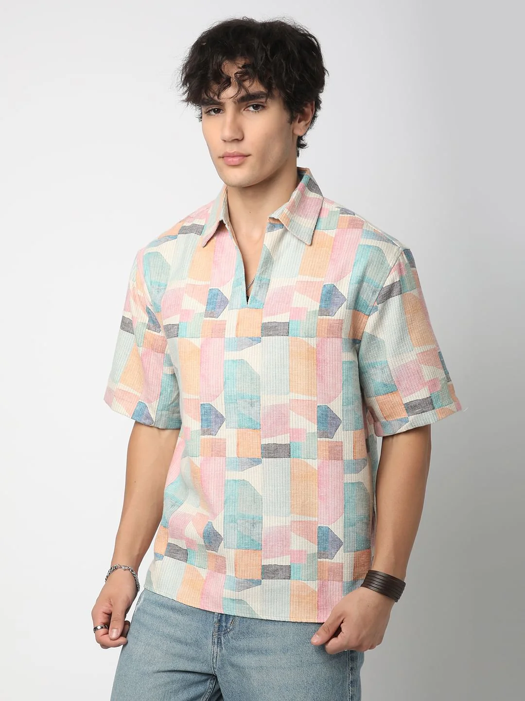 Soft Pastel Hues Abstract Printed Oversized Polo Shirt - Image 6