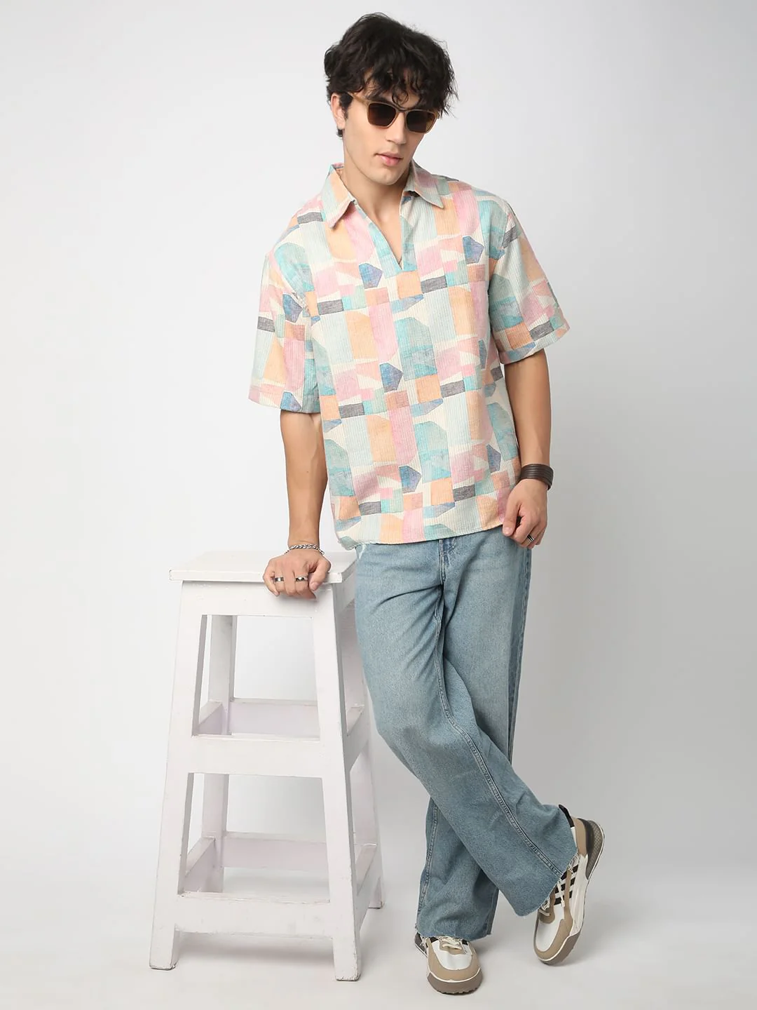 Soft Pastel Hues Abstract Printed Oversized Polo Shirt - Image 8