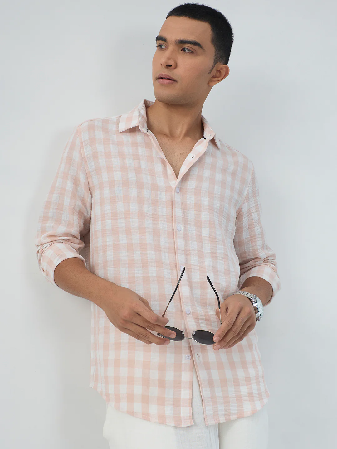 Soft Pastel Peach Box Checks Crinkled Shirt - Image 2