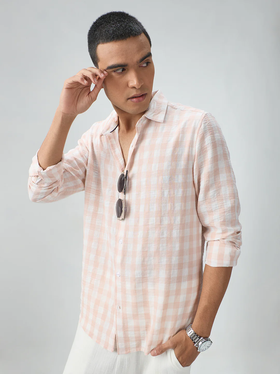 Soft Pastel Peach Box Checks Crinkled Shirt - Image 5