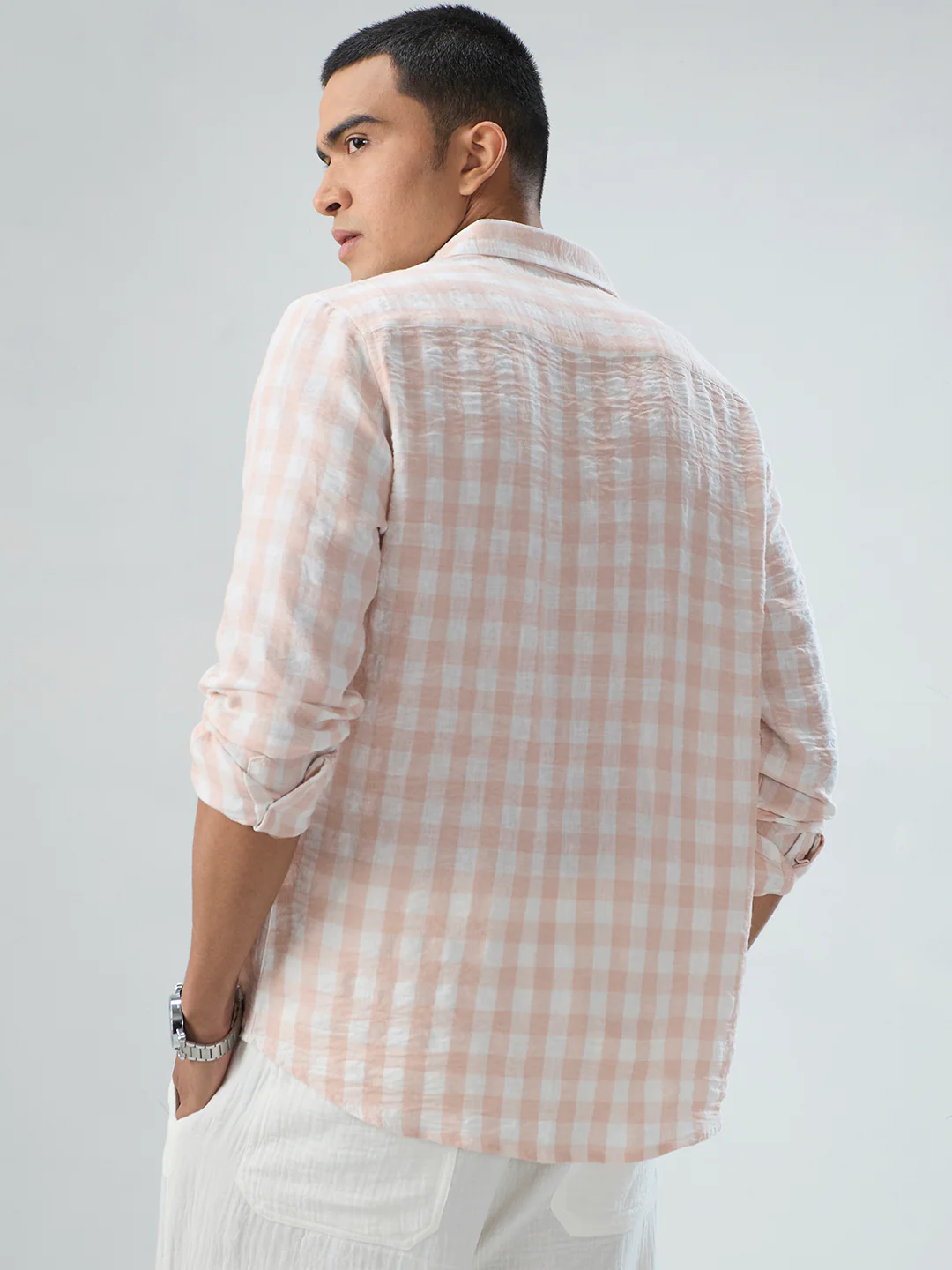 Soft Pastel Peach Box Checks Crinkled Shirt - Image 6