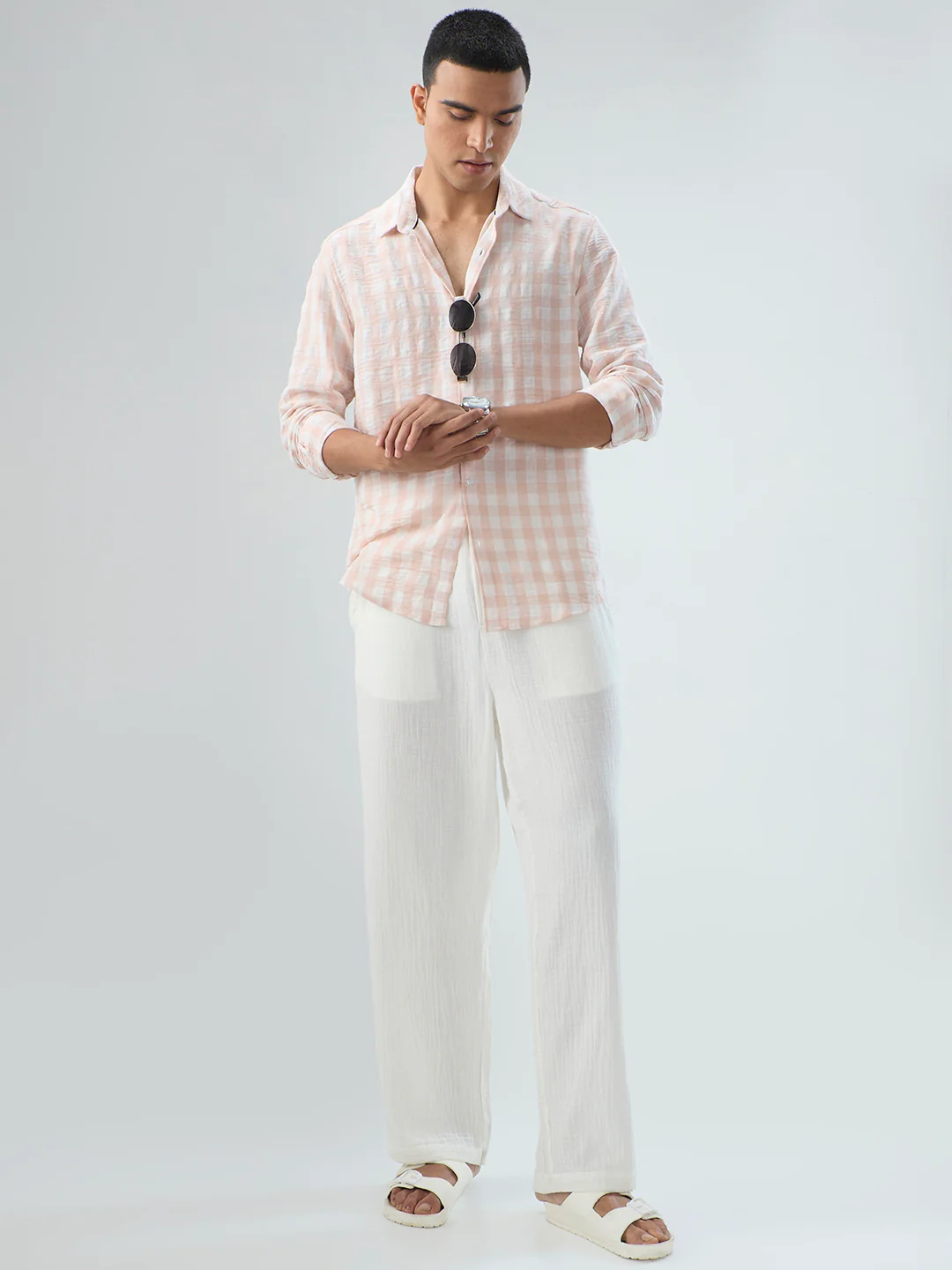 Soft Pastel Peach Box Checks Crinkled Shirt - Image 7