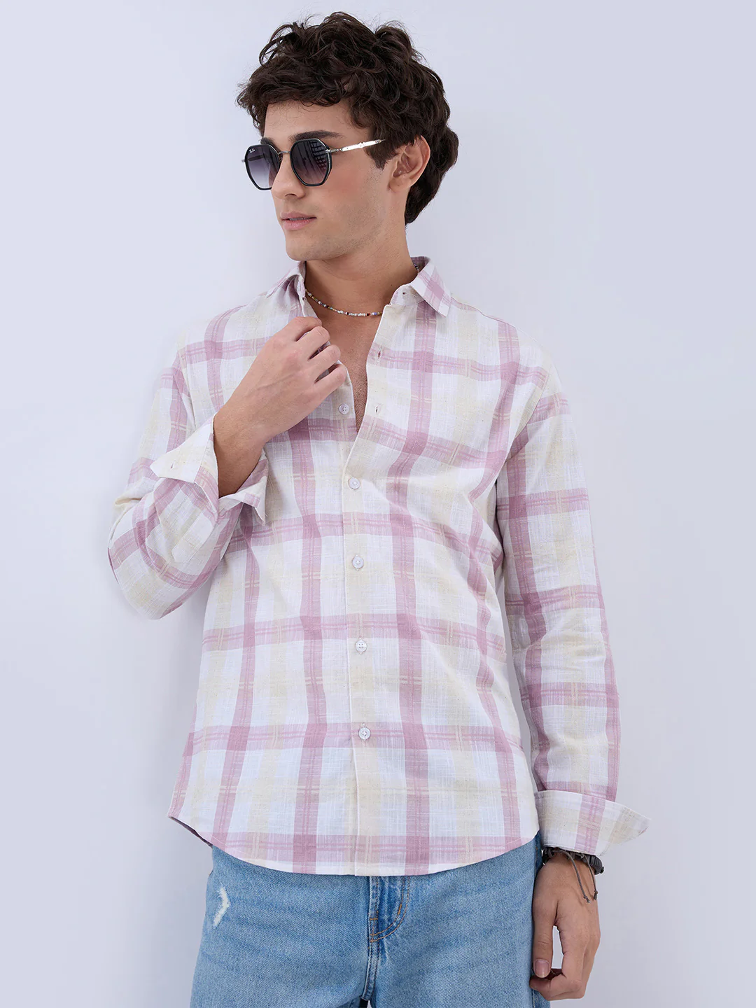 Soft Pink Fine Weave Plaid Checks Shirt - Image 2