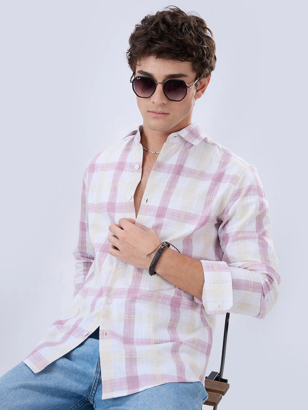 Soft Pink Fine Weave Plaid Checks Shirt - Image 4