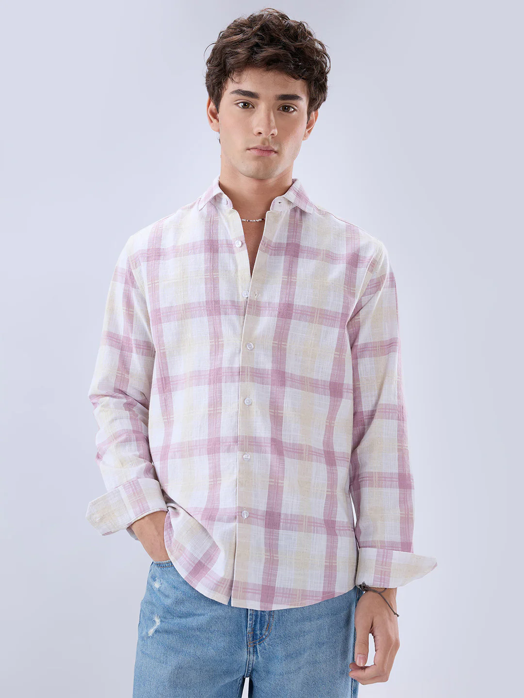 Soft Pink Fine Weave Plaid Checks Shirt - Image 5