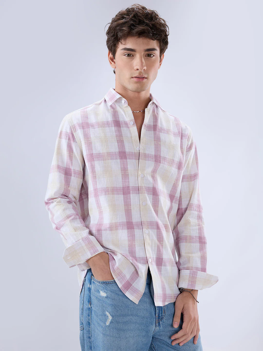 Soft Pink Fine Weave Plaid Checks Shirt - Image 6