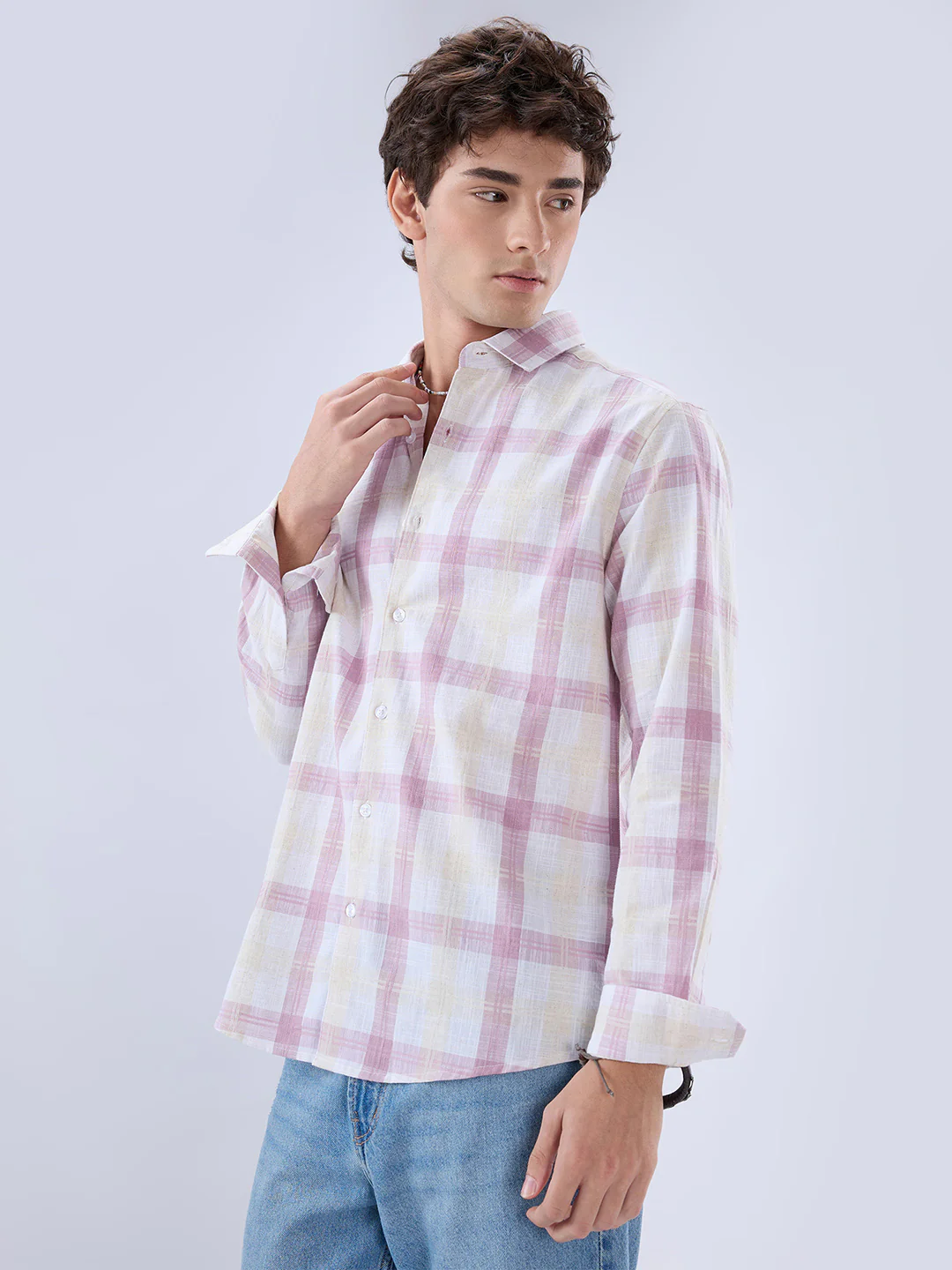 Soft Pink Fine Weave Plaid Checks Shirt - Image 7