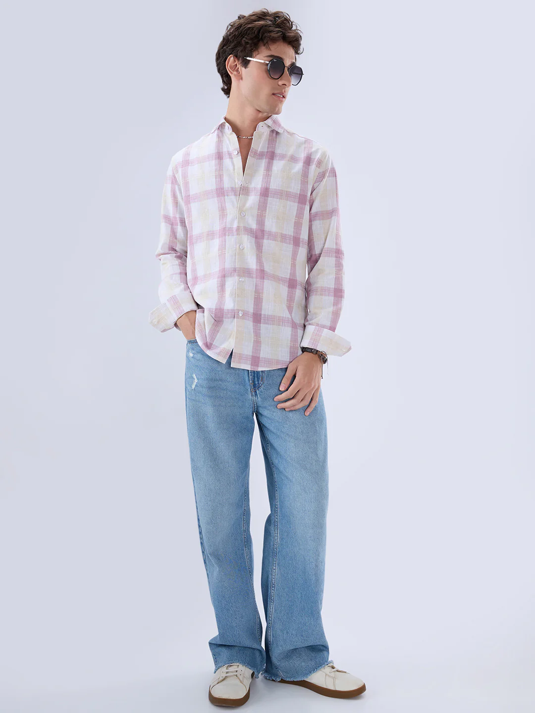 Soft Pink Fine Weave Plaid Checks Shirt - Image 9