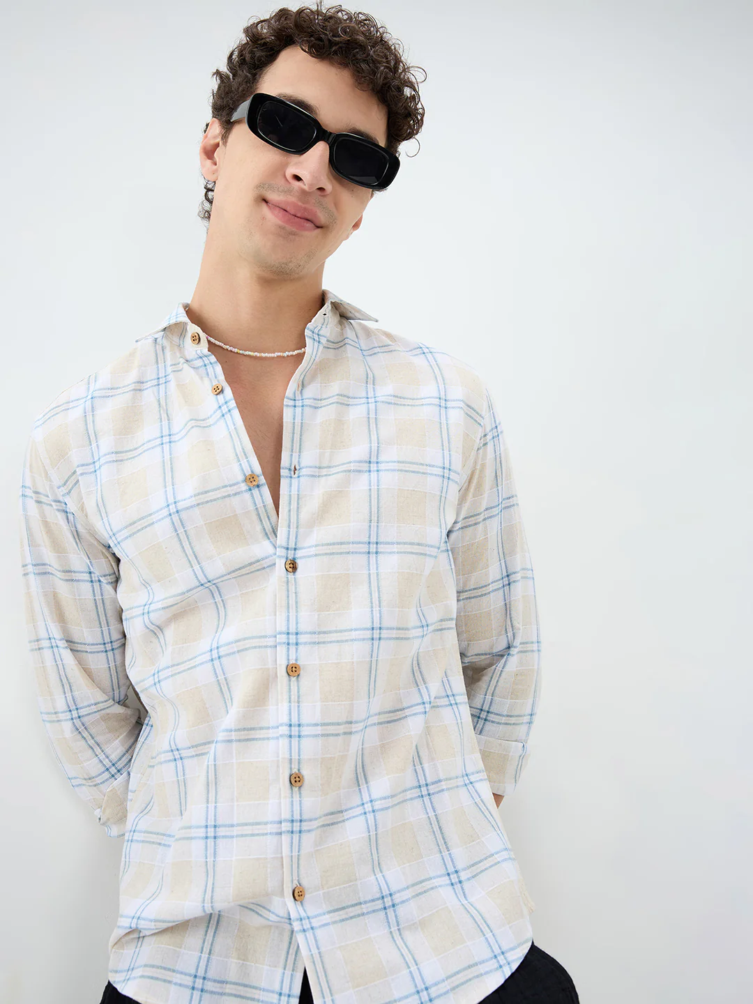 Soft Sand Contrast Windowpane Checks Linen Blend Shirt - Image 2