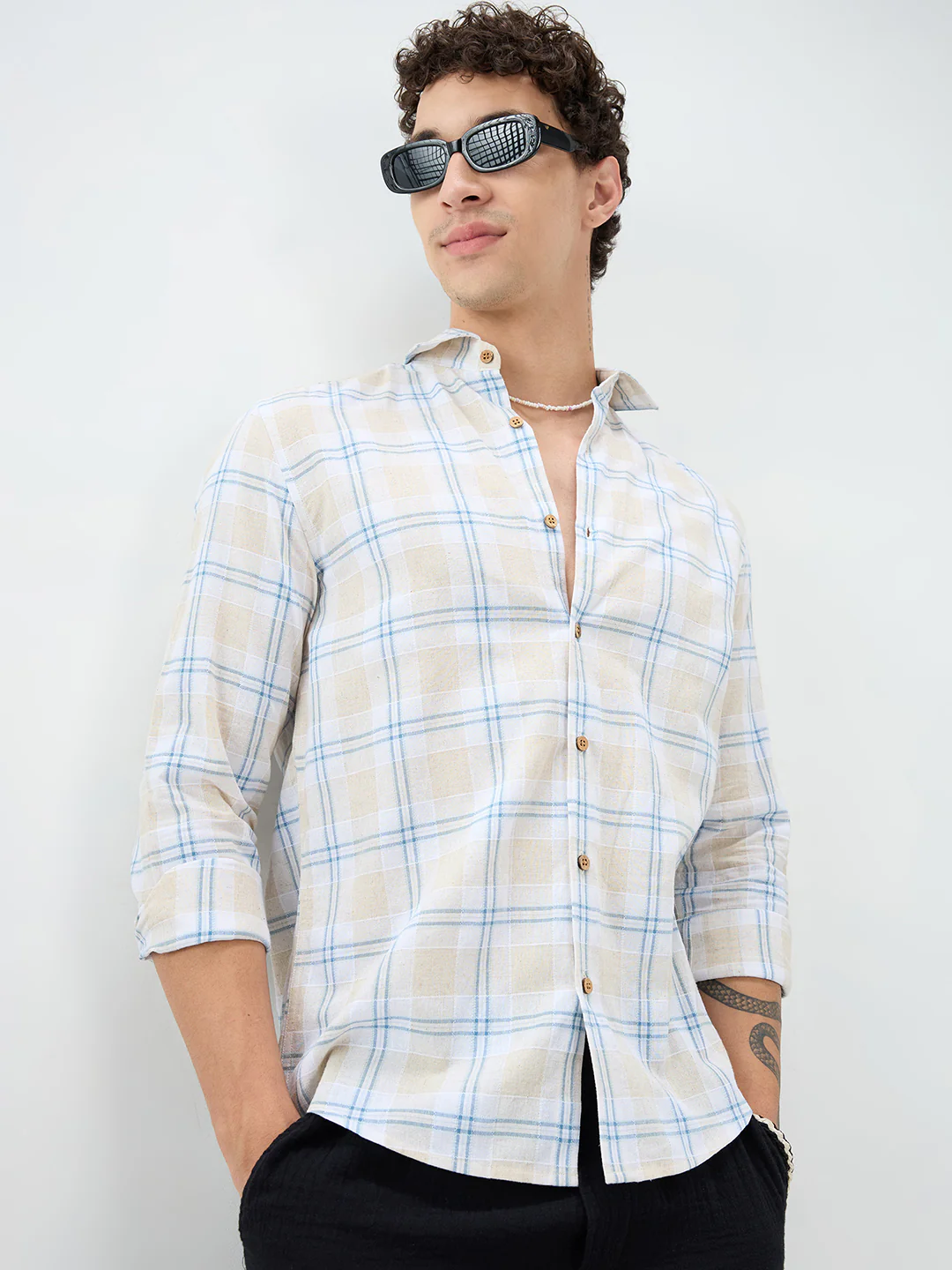 Soft Sand Contrast Windowpane Checks Linen Blend Shirt - Image 4