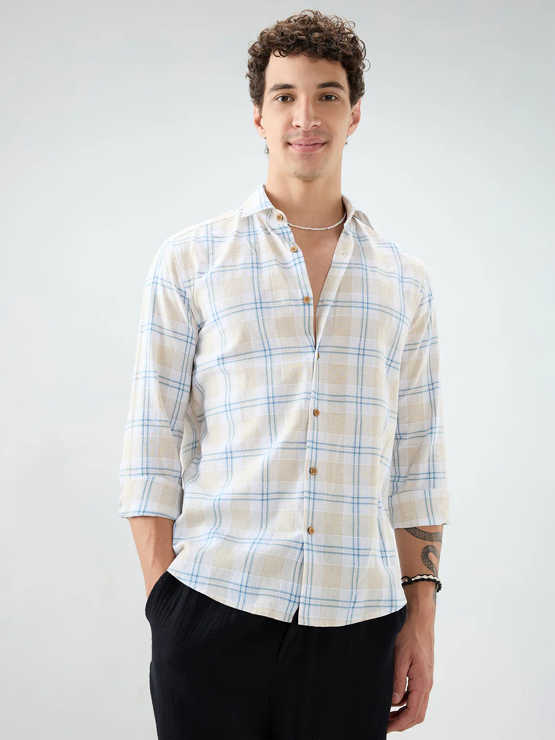 Soft Sand Contrast Windowpane Checks Linen Blend Shirt - Image 5