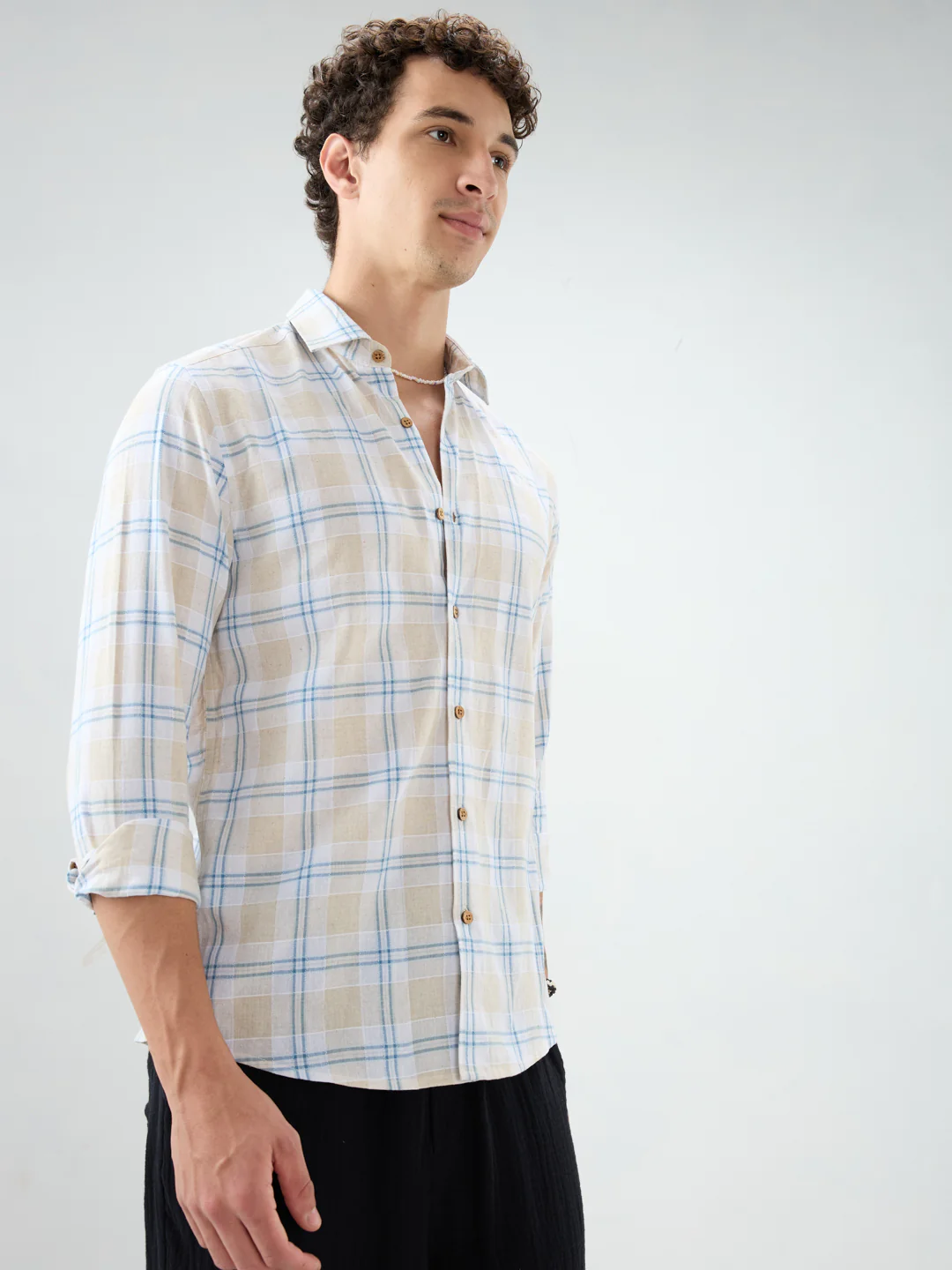 Soft Sand Contrast Windowpane Checks Linen Blend Shirt - Image 6