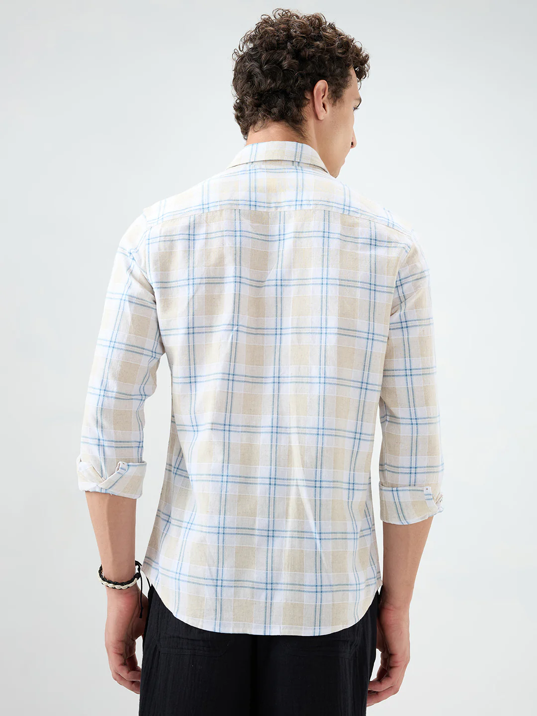 Soft Sand Contrast Windowpane Checks Linen Blend Shirt - Image 7