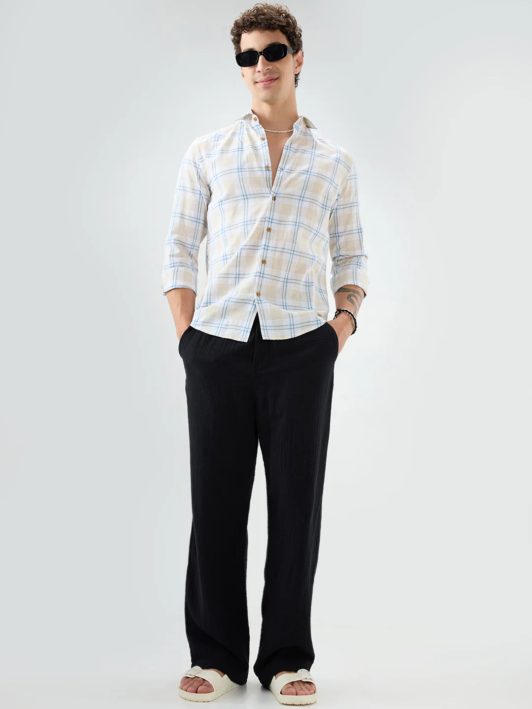 Soft Sand Contrast Windowpane Checks Linen Blend Shirt - Image 8