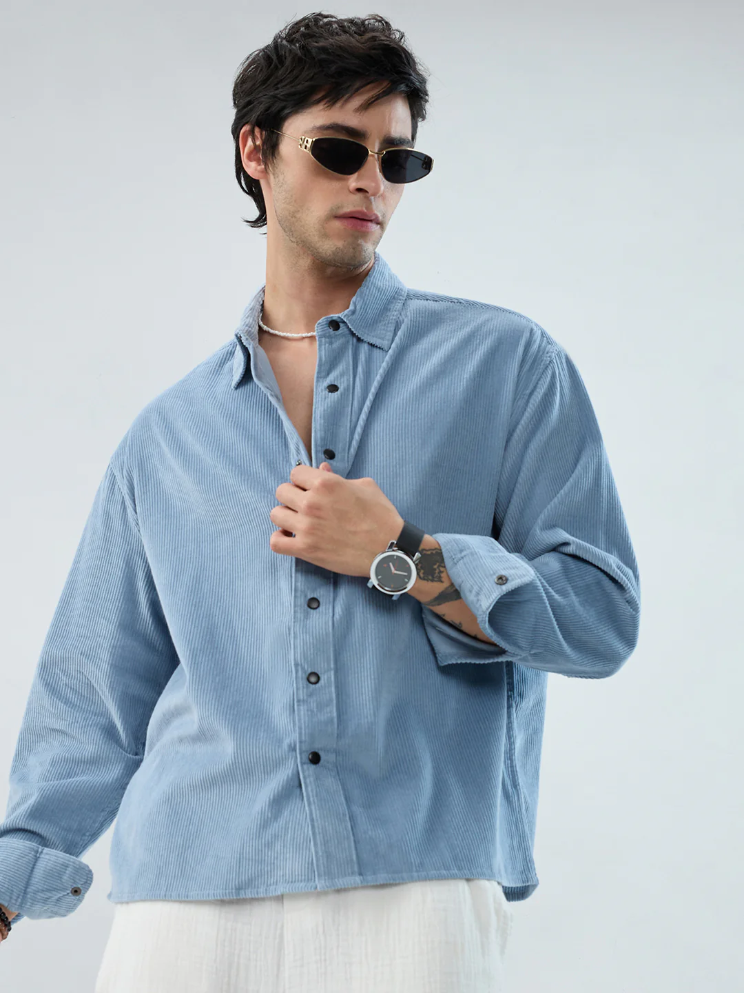 Soft Sky Frost Corduroy Boxy Fit Crop Shirt - Image 2