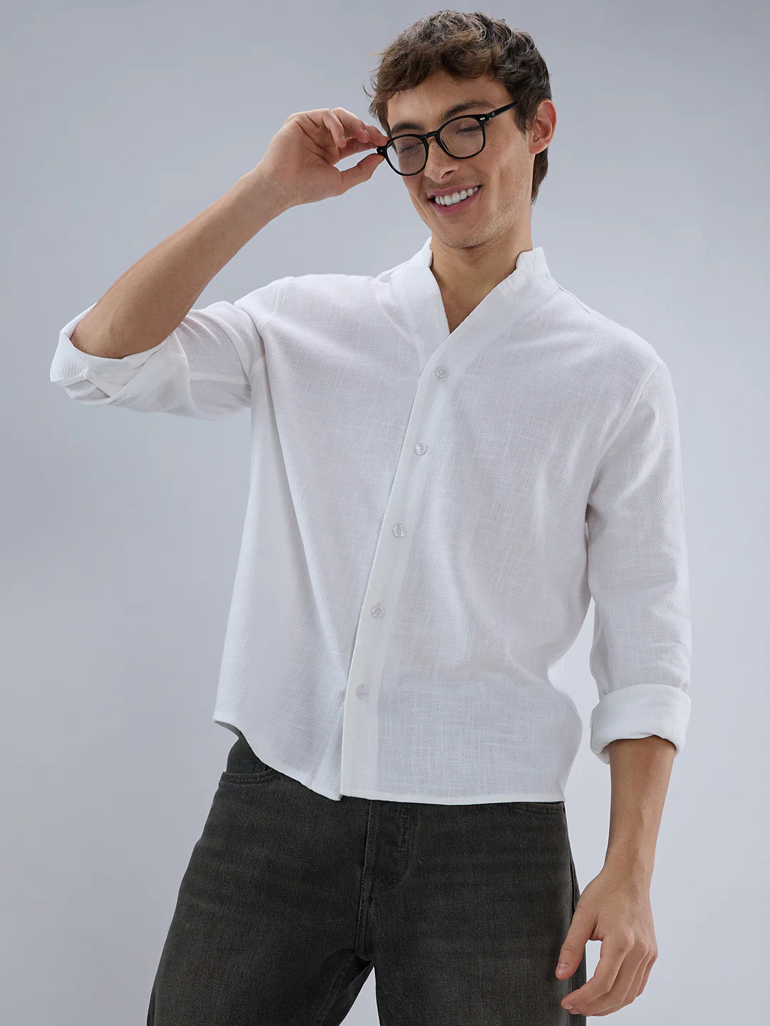 Soft Snow White Diagonal Textured Stand Collar Oversized Shirt - Image 2