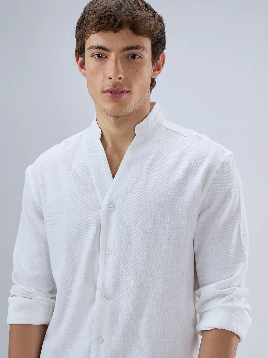 Soft Snow White Diagonal Textured Stand Collar Oversized Shirt - Image 3