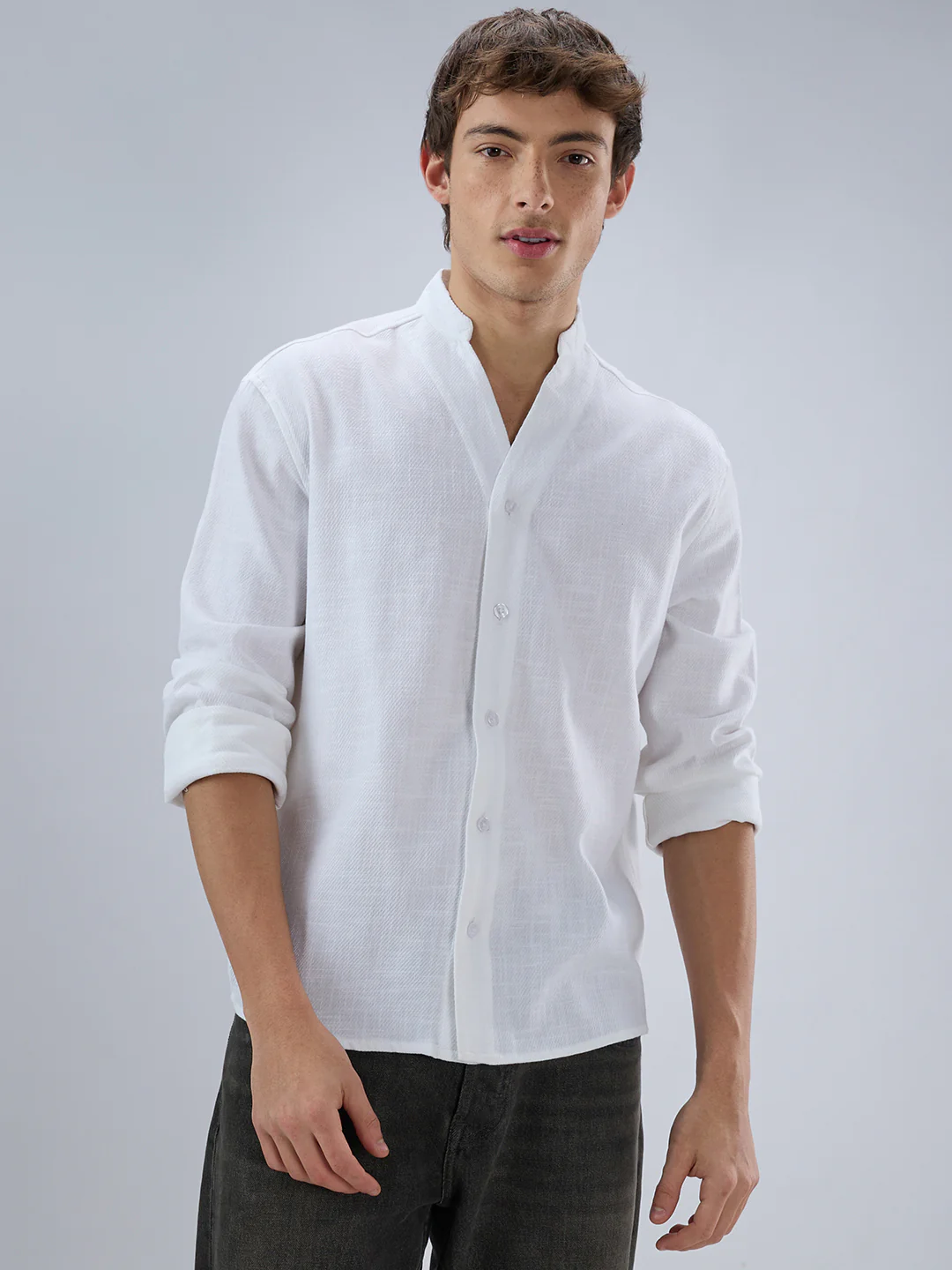 Soft Snow White Diagonal Textured Stand Collar Oversized Shirt - Image 5