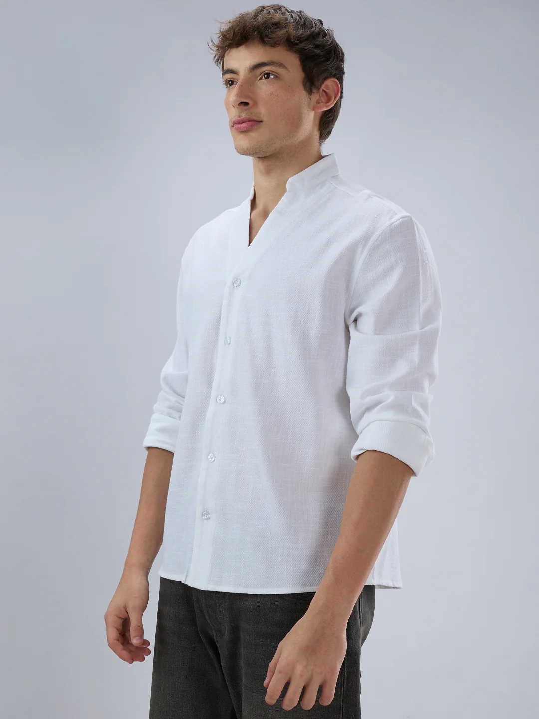 Soft Snow White Diagonal Textured Stand Collar Oversized Shirt - Image 6