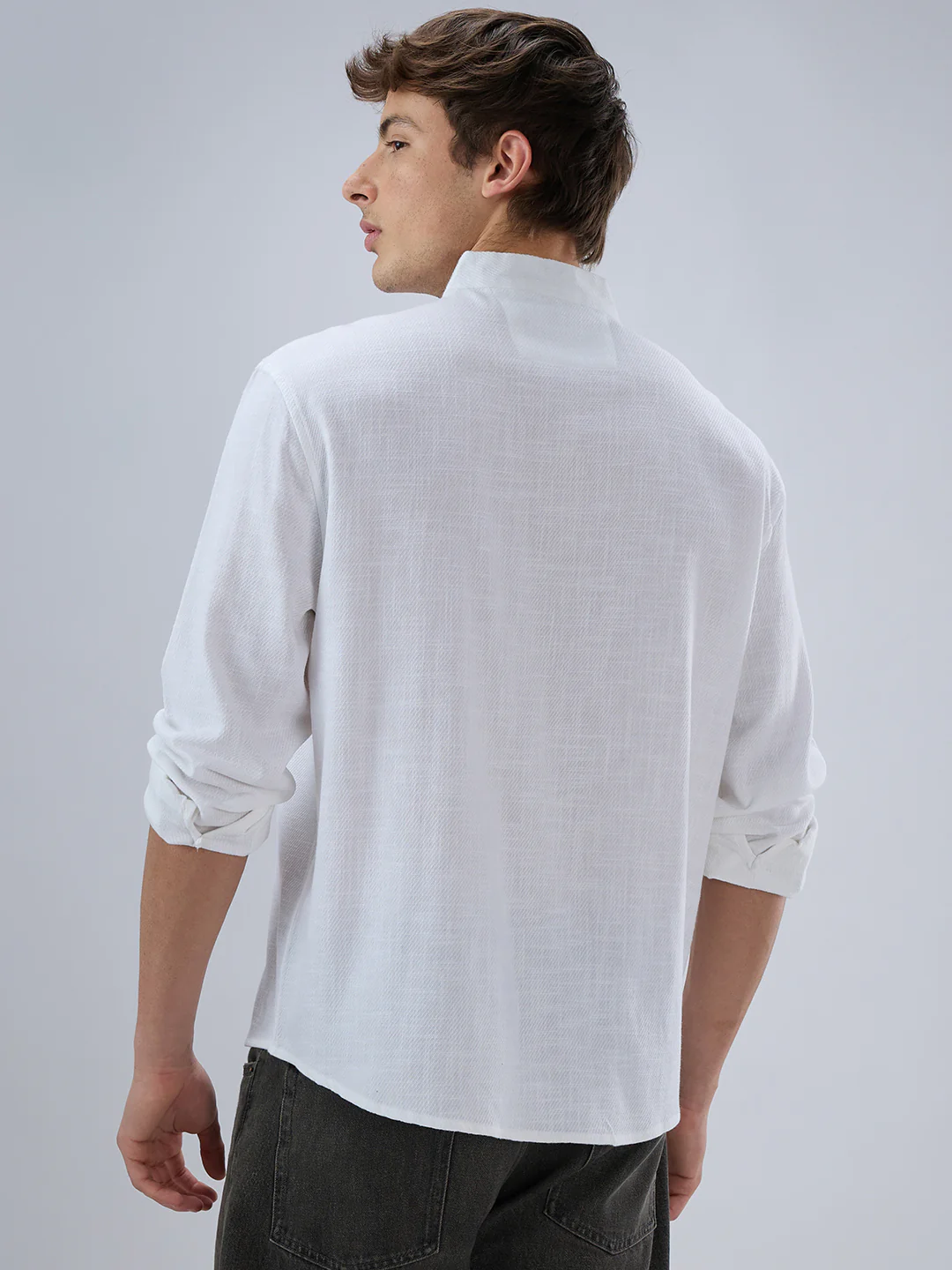 Soft Snow White Diagonal Textured Stand Collar Oversized Shirt - Image 7