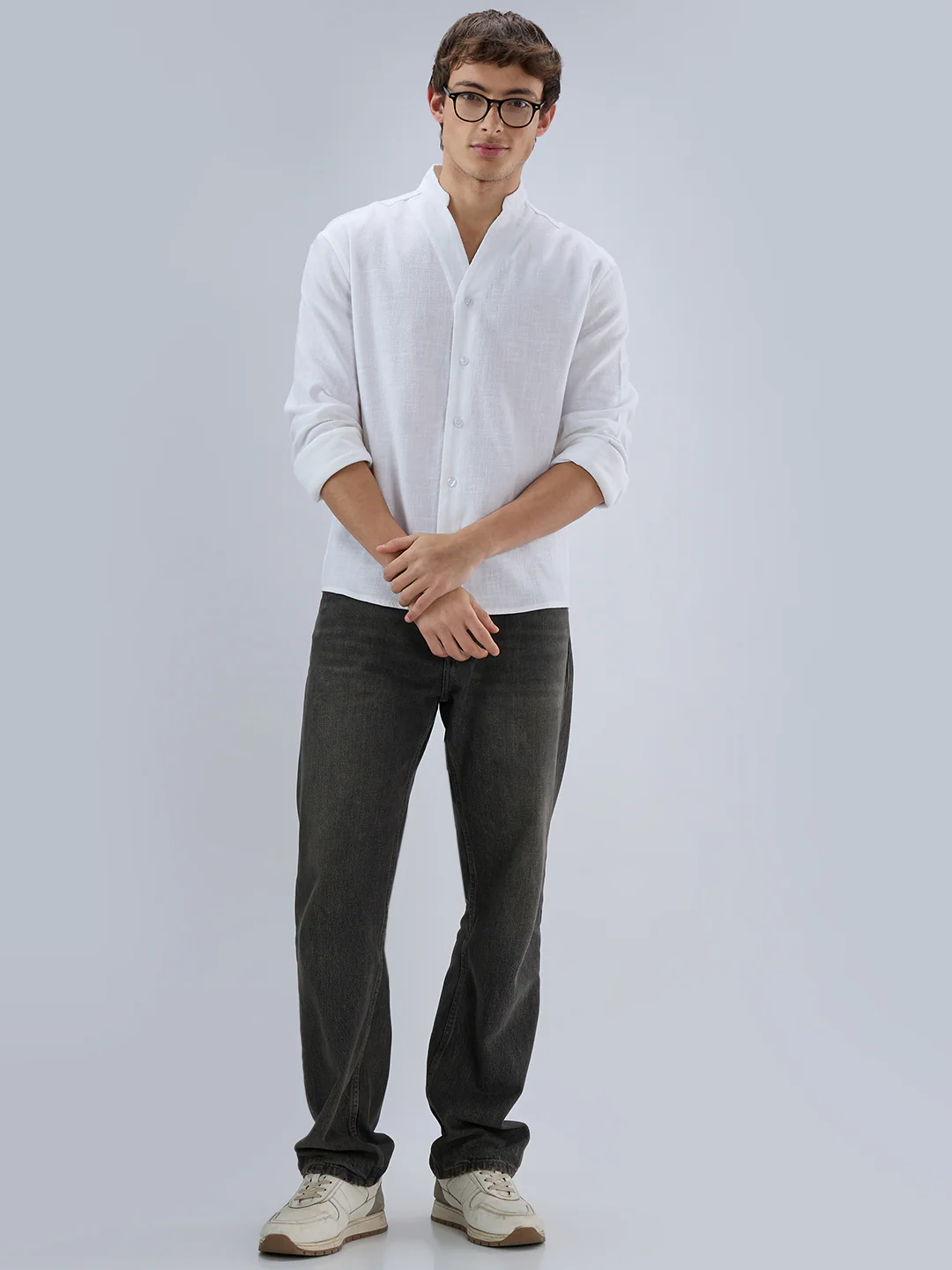 Soft Snow White Diagonal Textured Stand Collar Oversized Shirt - Image 8