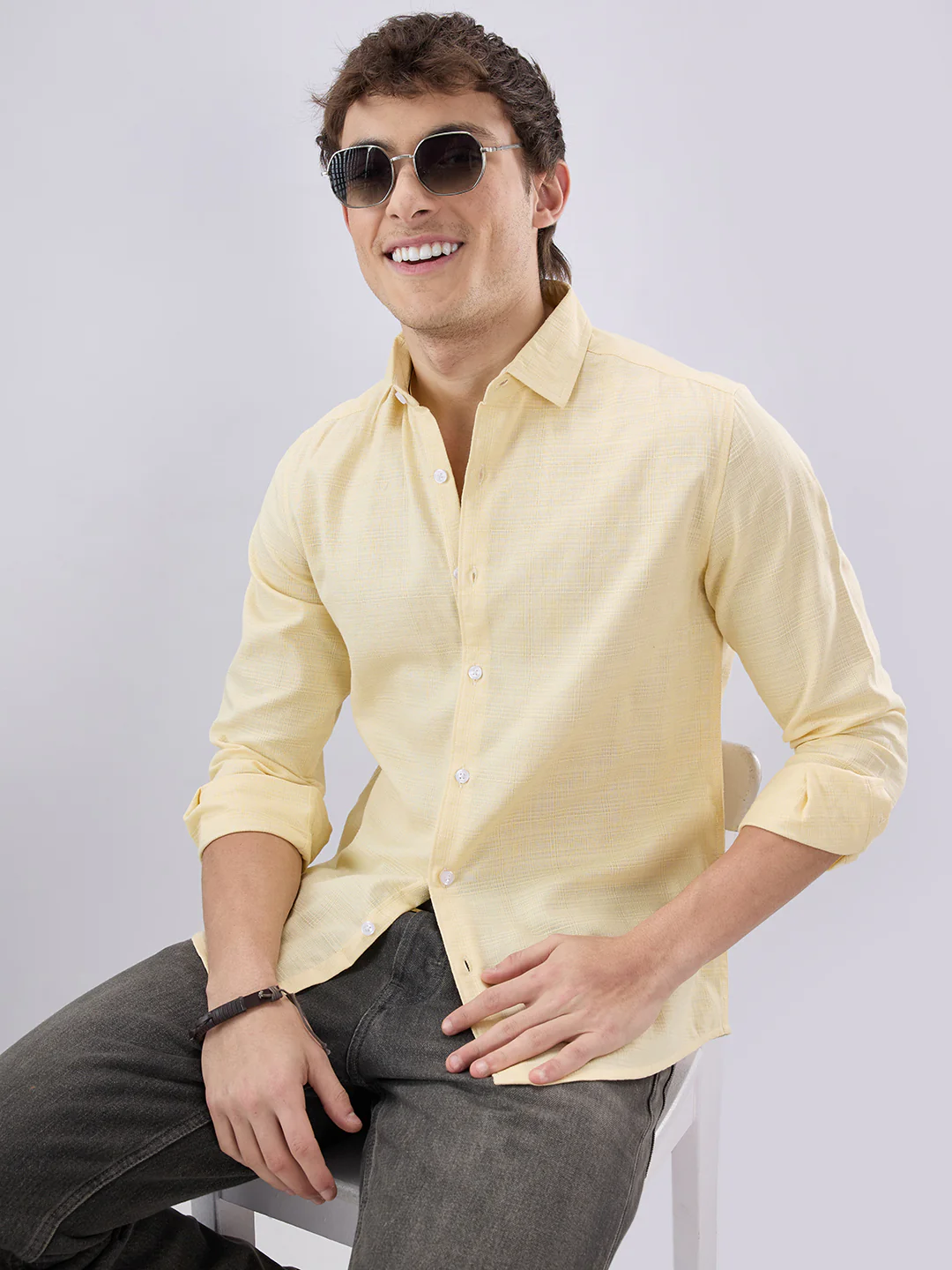Soft Yellow Grid Textured Everyday Shirt - Image 2