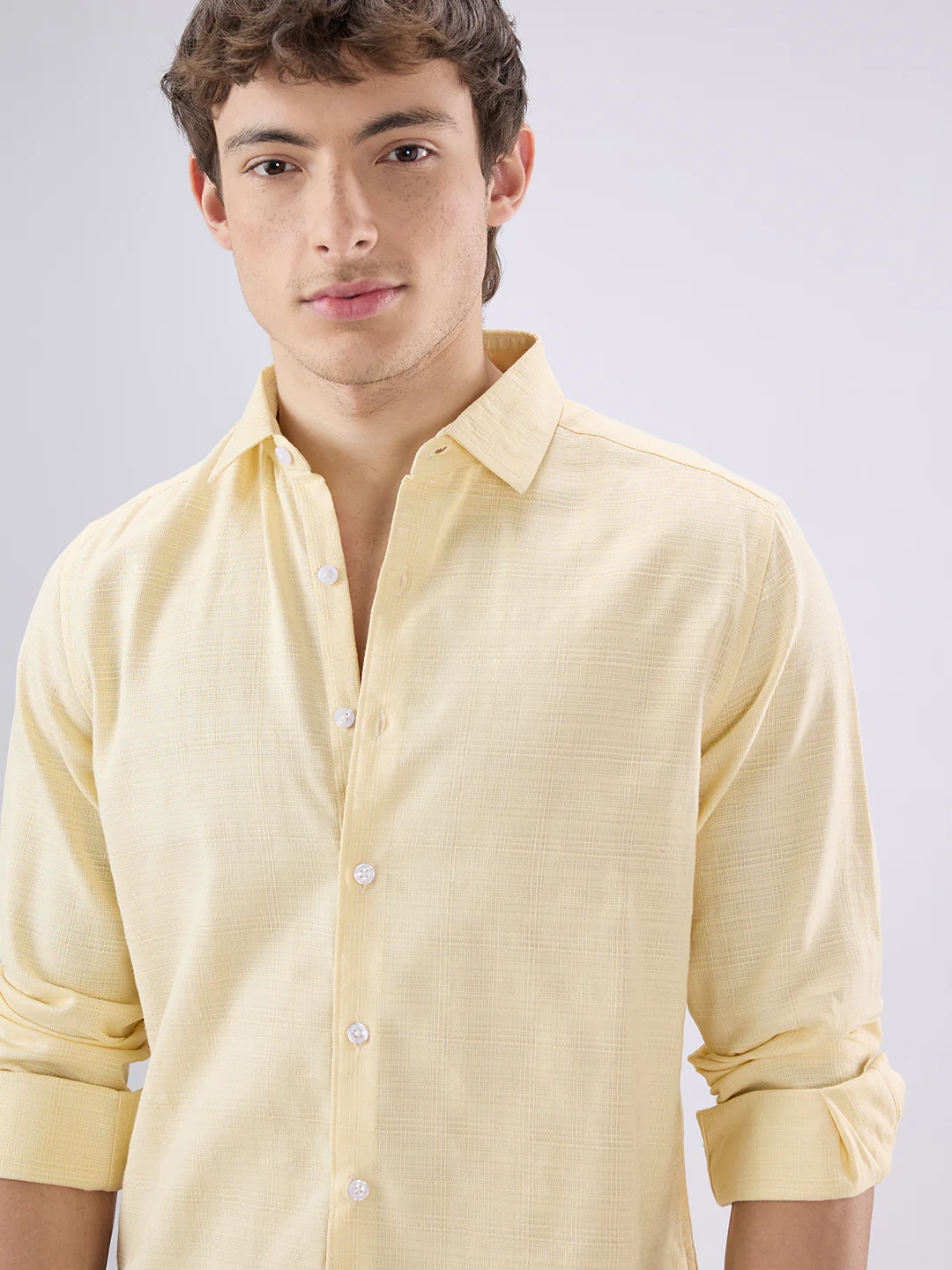 Soft Yellow Grid Textured Everyday Shirt - Image 3