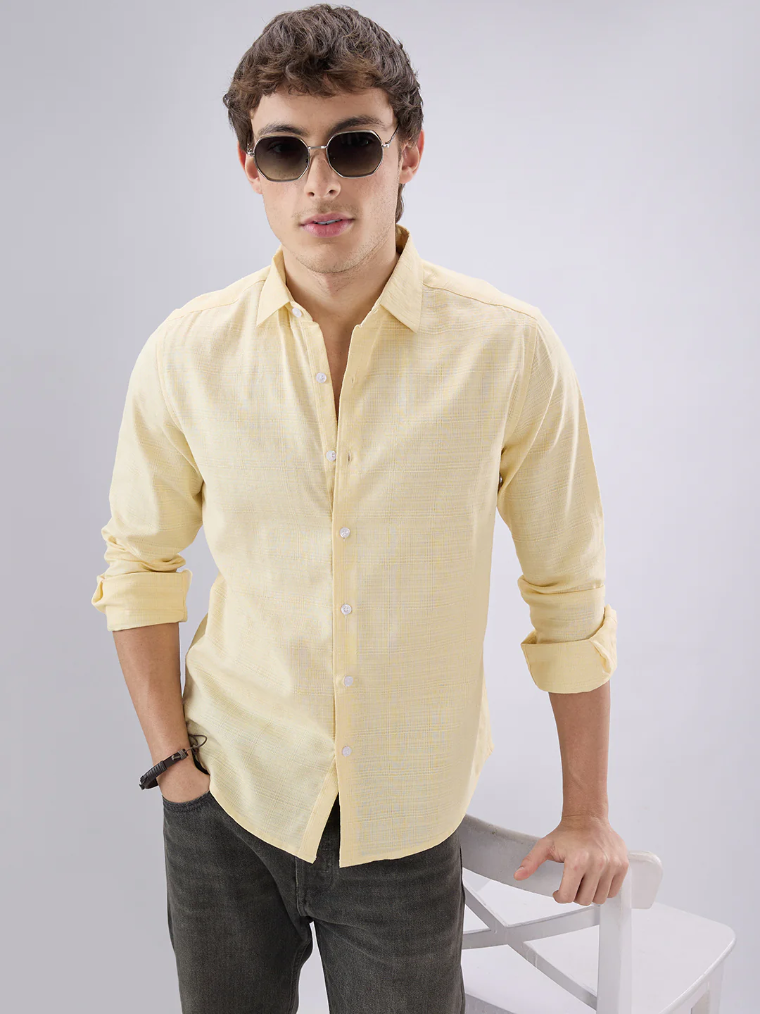 Soft Yellow Grid Textured Everyday Shirt - Image 4