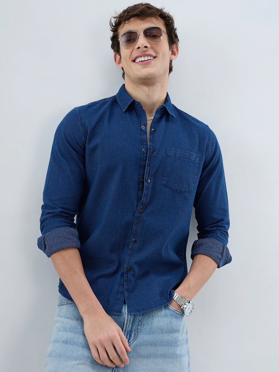 Soigné Navy Pinstripe Denim Shirt - Image 2