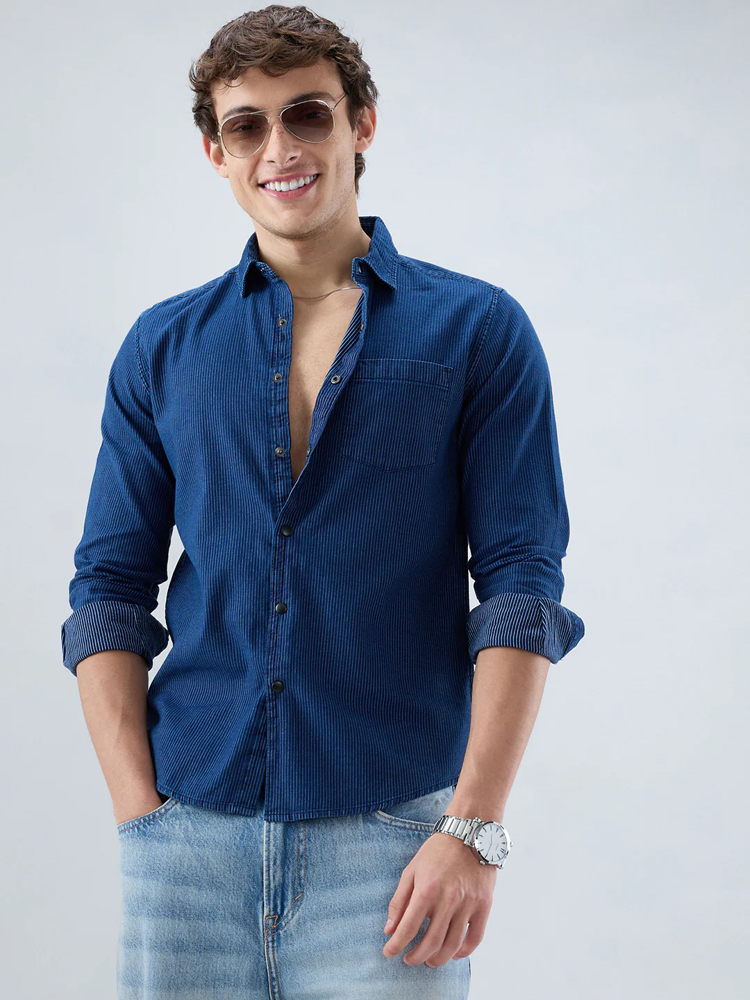 Soigné Navy Pinstripe Denim Shirt - Image 4