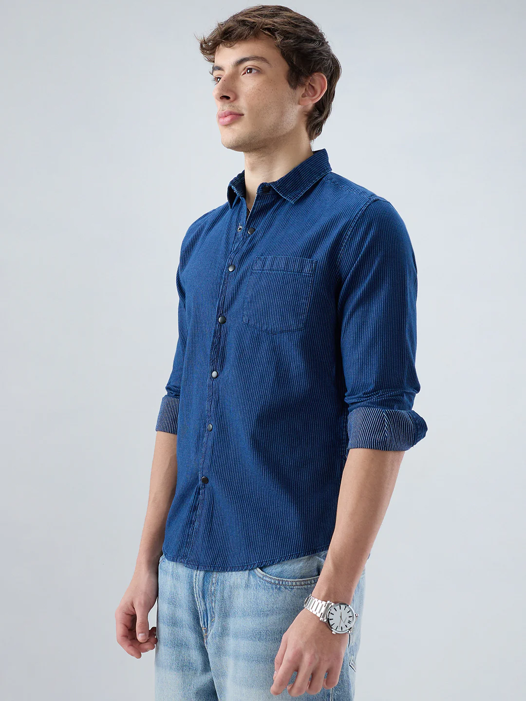 Soigné Navy Pinstripe Denim Shirt - Image 5