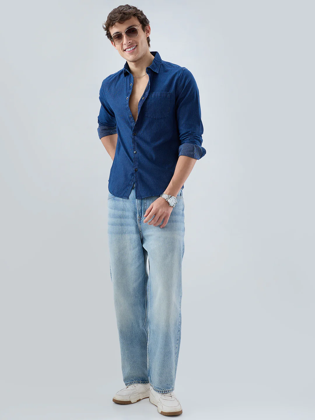 Soigné Navy Pinstripe Denim Shirt - Image 7