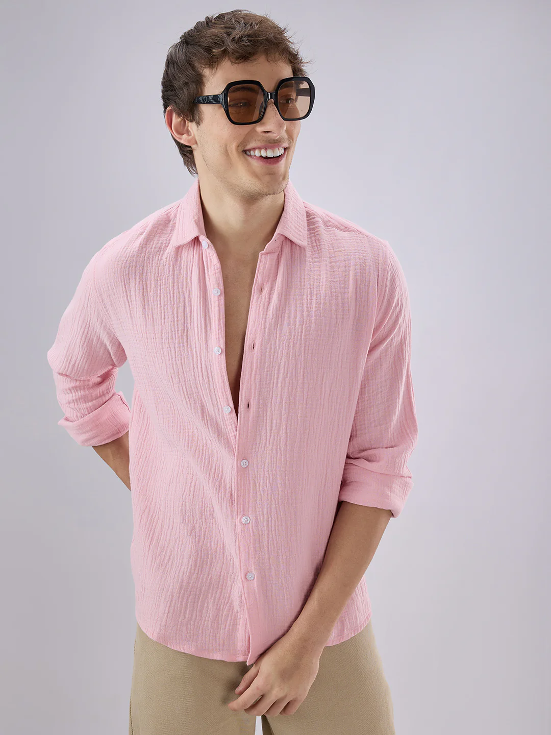 Solid Baby Pink Double Cloth Shirt - Image 4