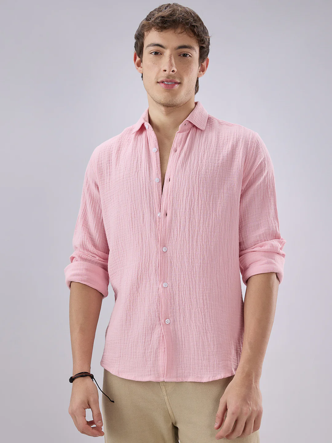 Solid Baby Pink Double Cloth Shirt - Image 5