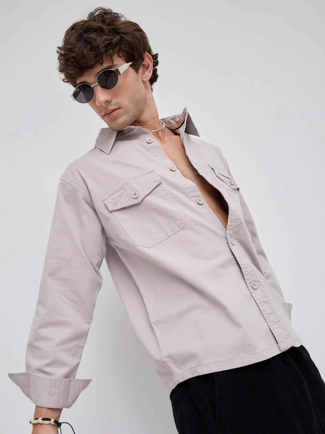 Solid Bone Grey Double Pocket Overshirt - Image 2
