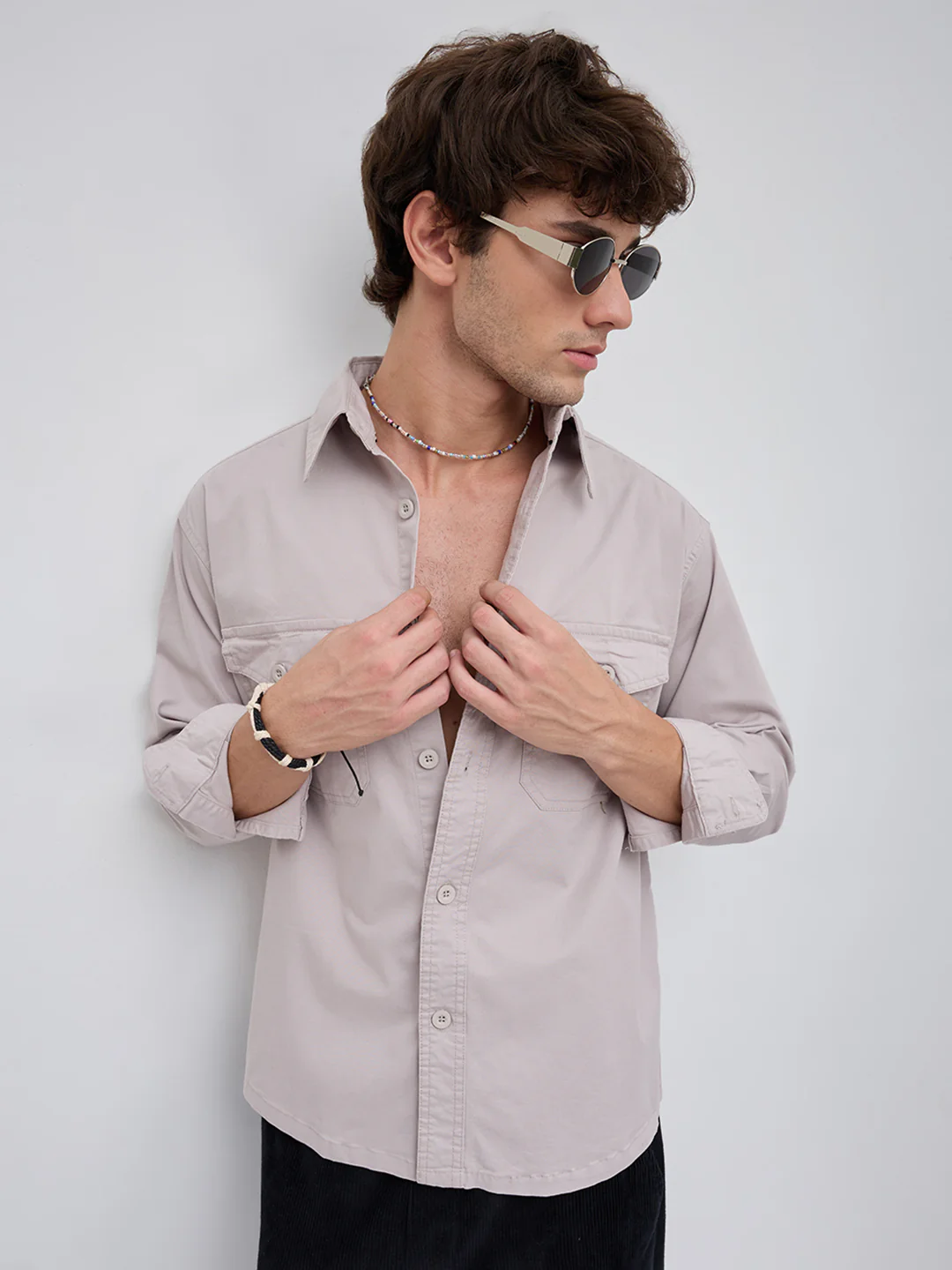 Solid Bone Grey Double Pocket Overshirt - Image 4
