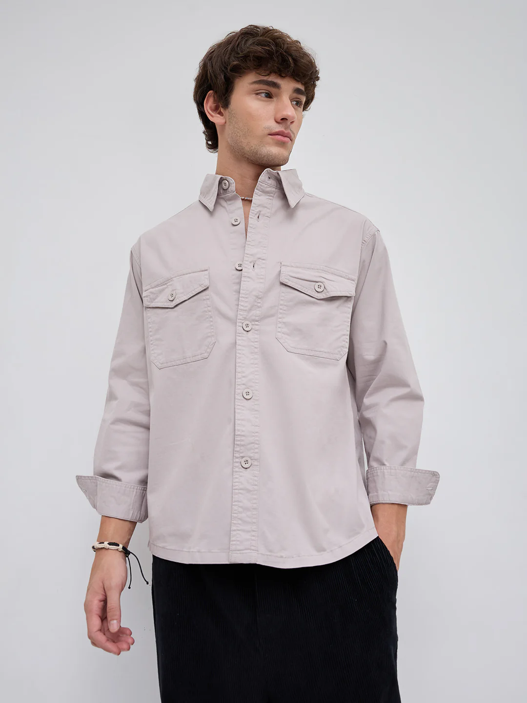 Solid Bone Grey Double Pocket Overshirt - Image 5