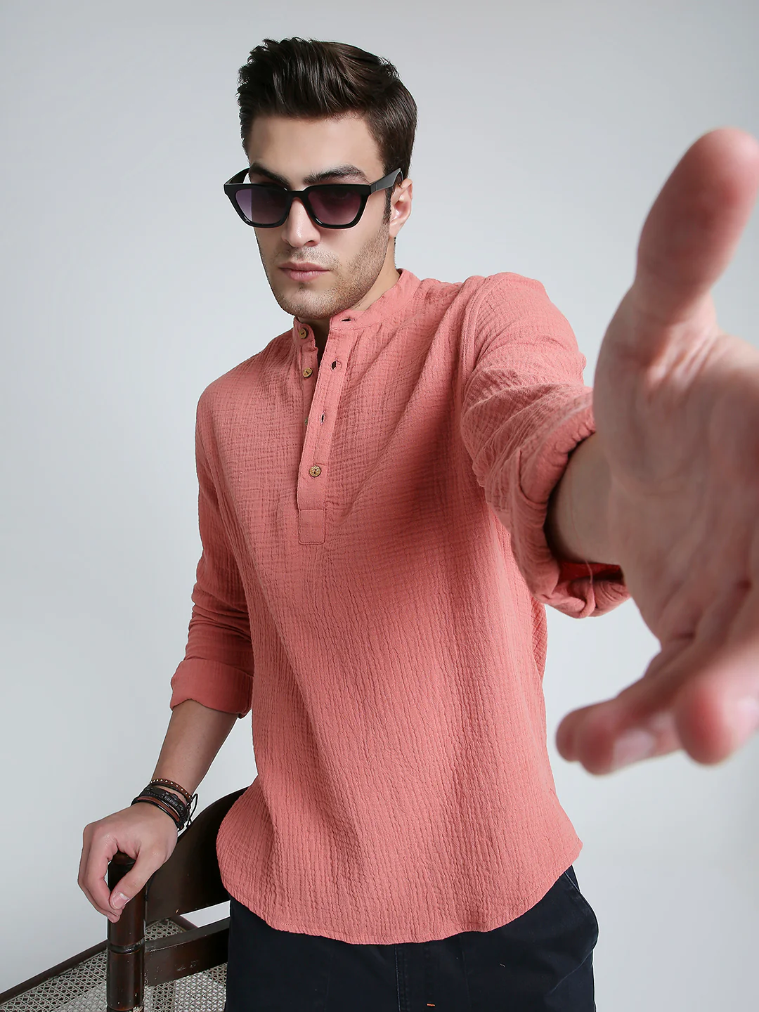 Solid Coral Double Cloth Kurta - Image 2