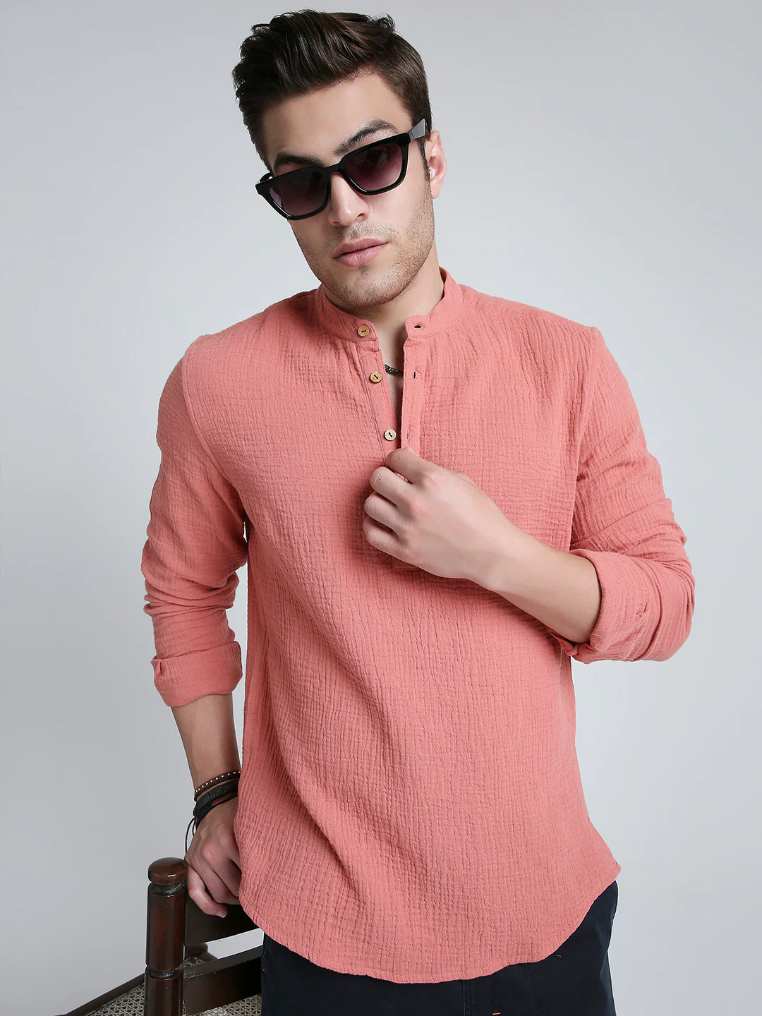Solid Coral Double Cloth Kurta - Image 4