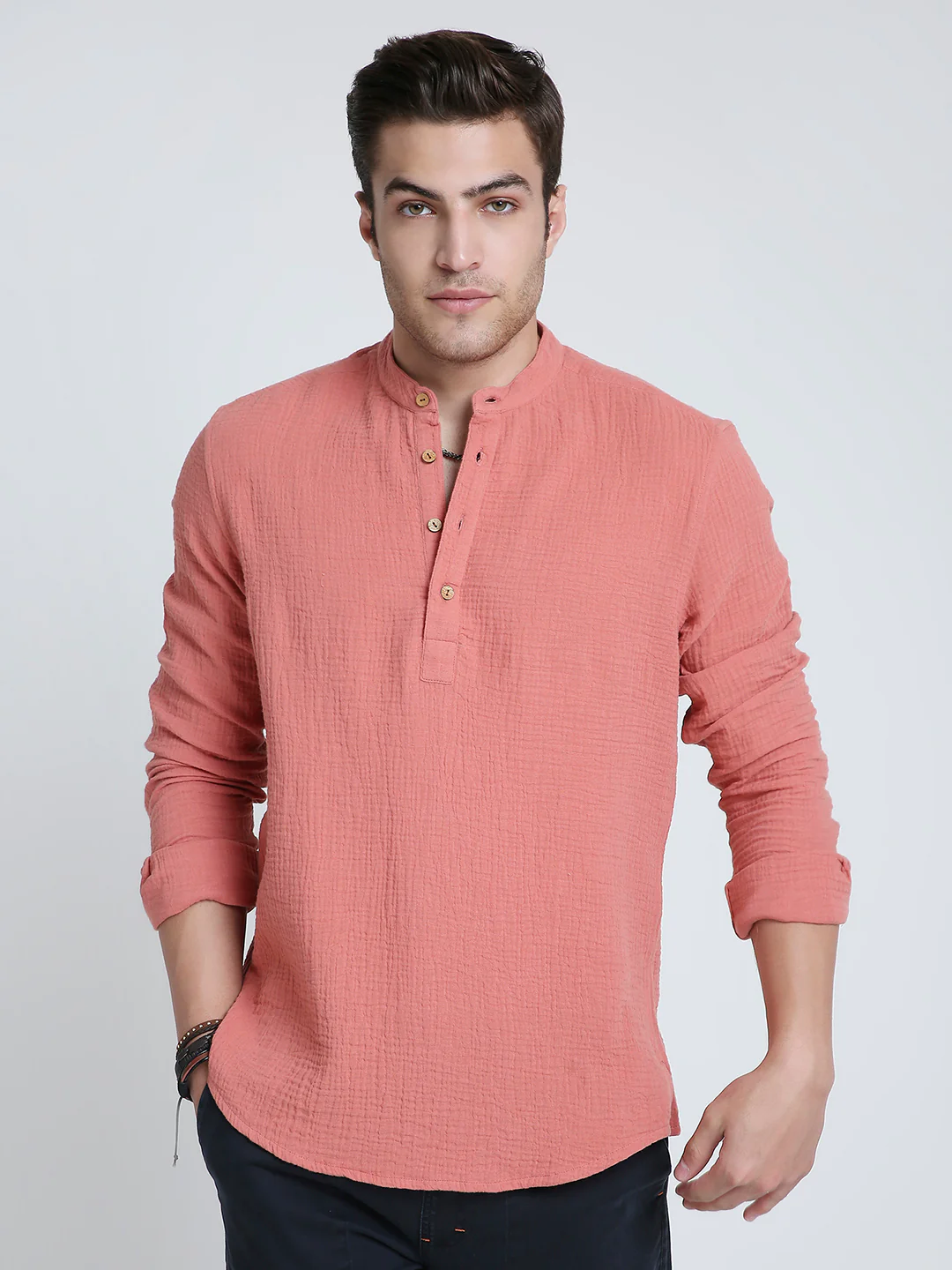 Solid Coral Double Cloth Kurta - Image 5