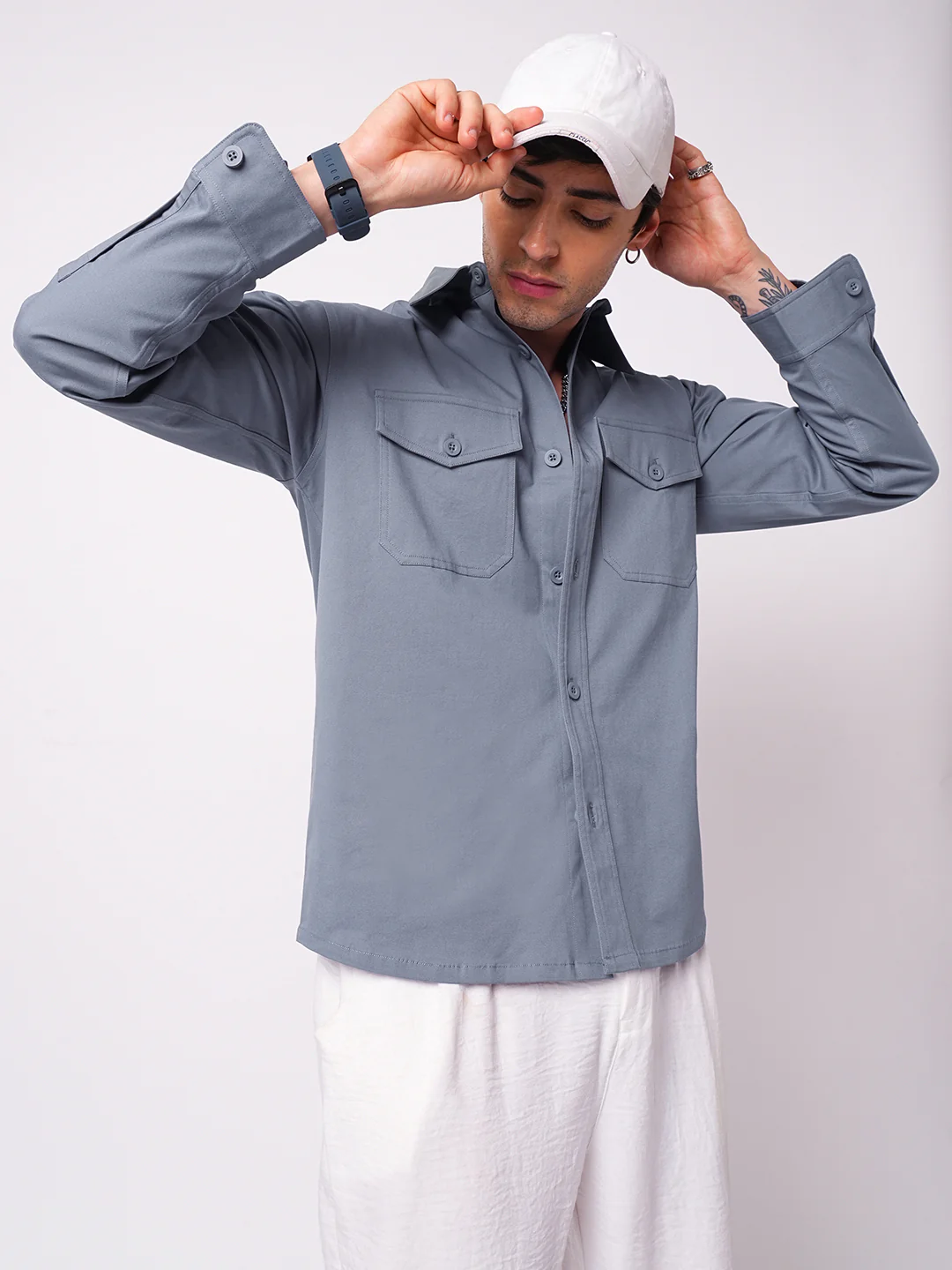 Super Soft Solid Glaucous Blue Double Pocket Overshirt - Image 2