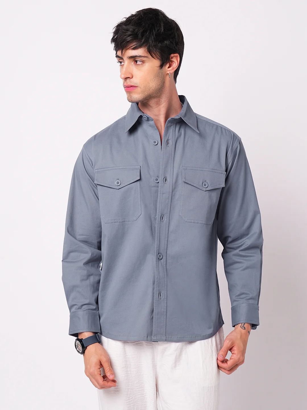 Super Soft Solid Glaucous Blue Double Pocket Overshirt - Image 4