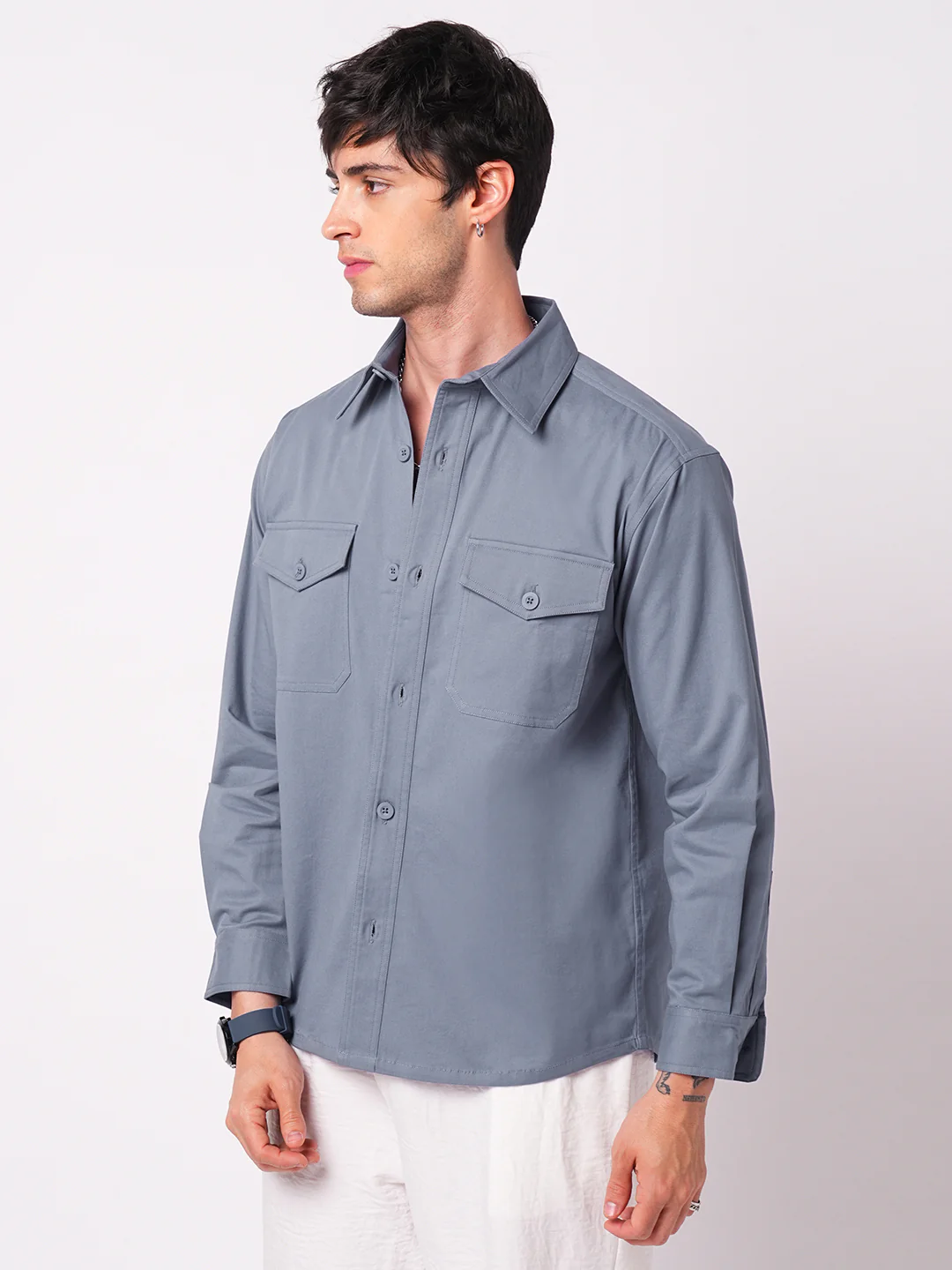 Super Soft Solid Glaucous Blue Double Pocket Overshirt - Image 5