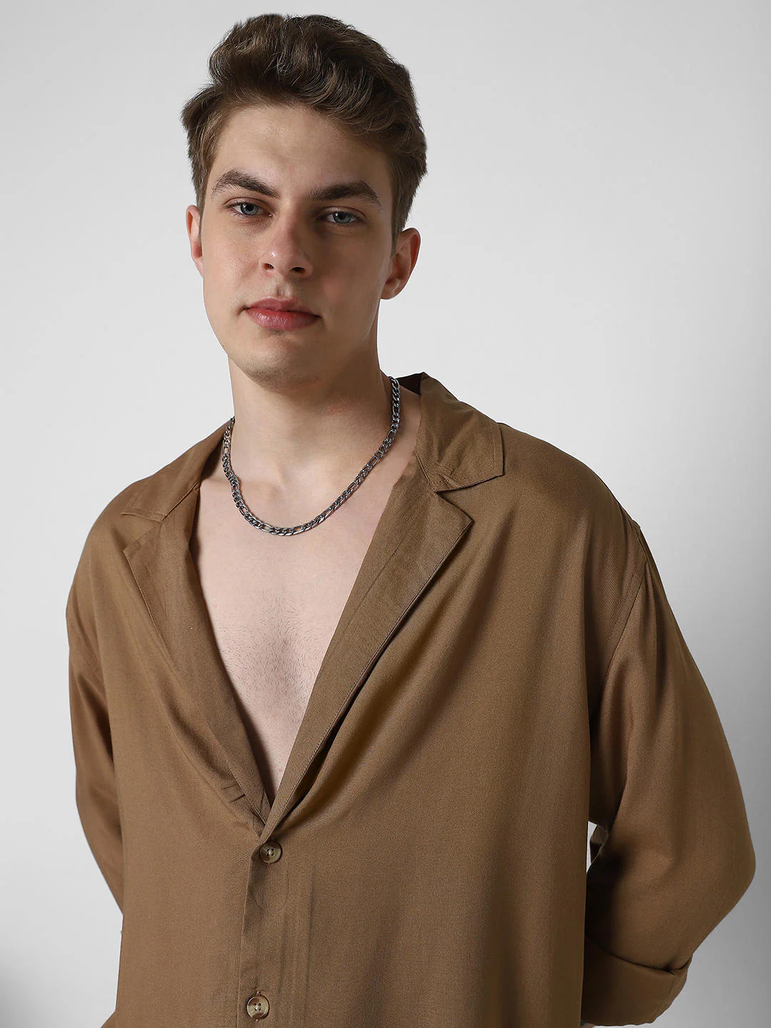 Solid Hazelnut Oversized Notched Lapel Collar Shirt - Image 2