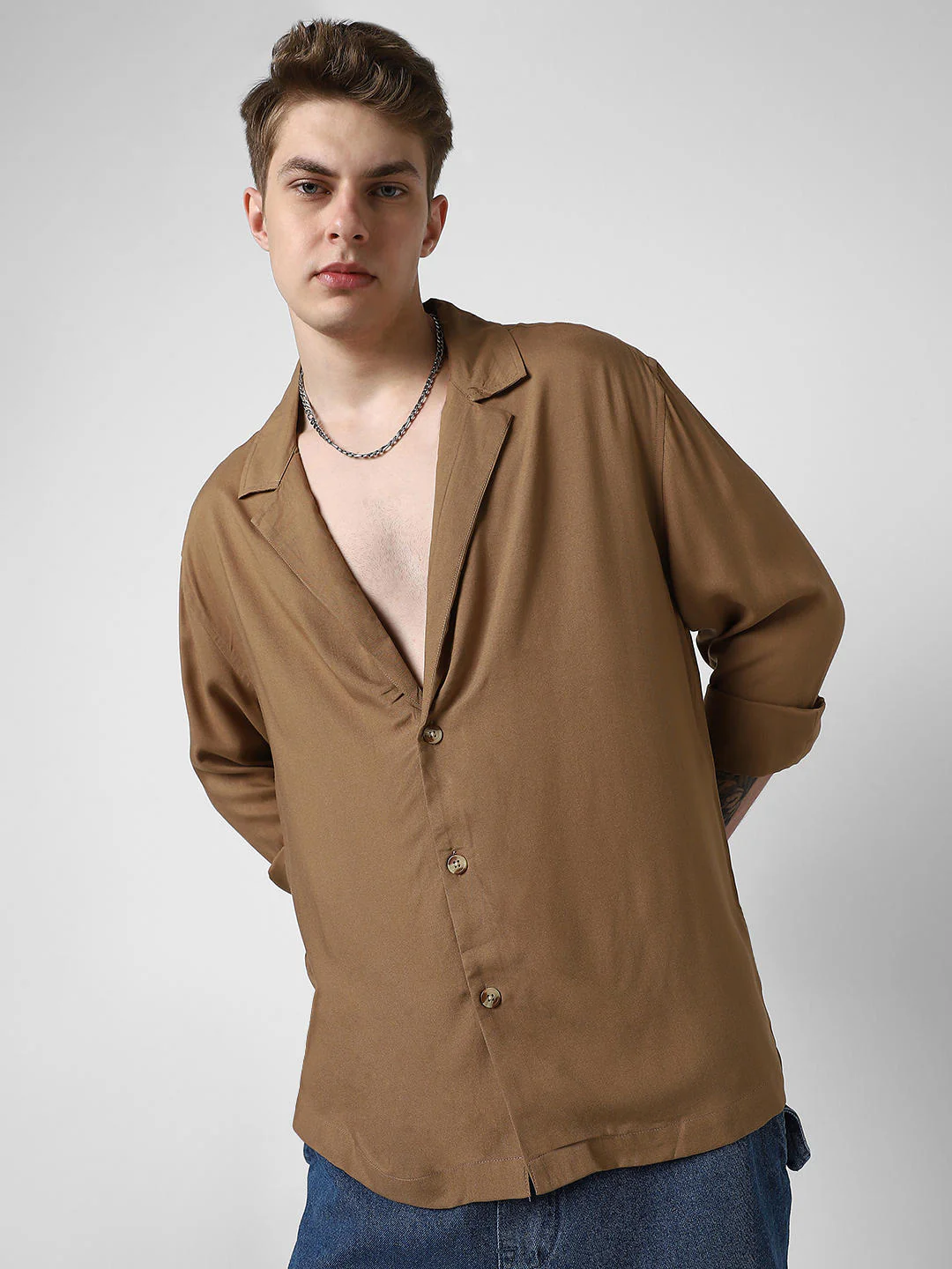 Solid Hazelnut Oversized Notched Lapel Collar Shirt - Image 4