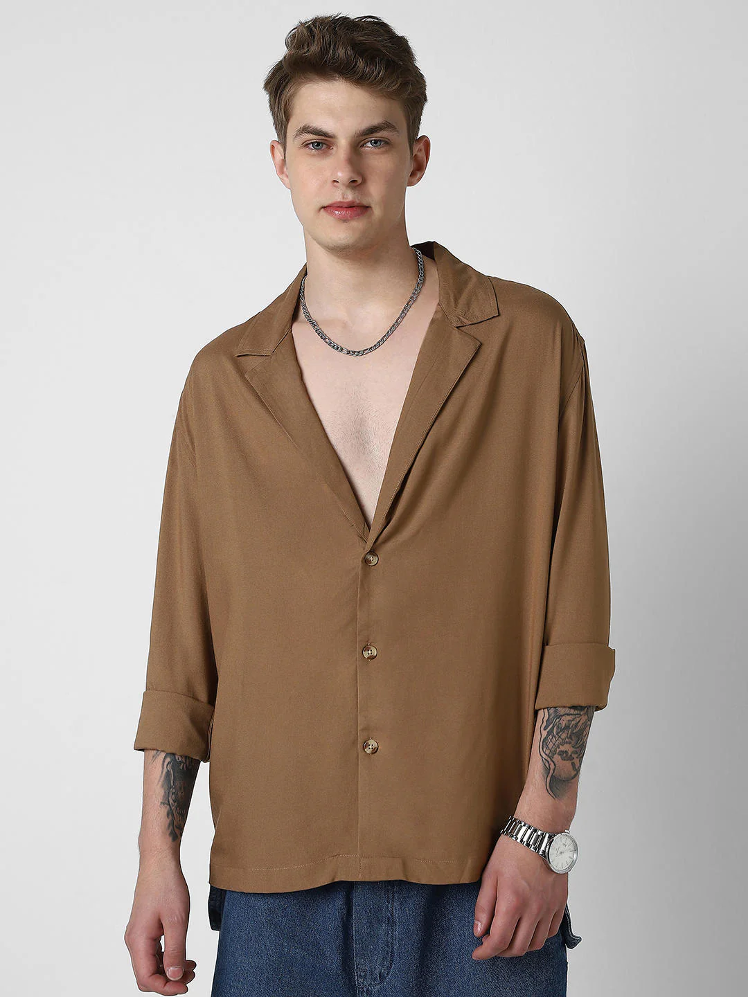 Solid Hazelnut Oversized Notched Lapel Collar Shirt - Image 5