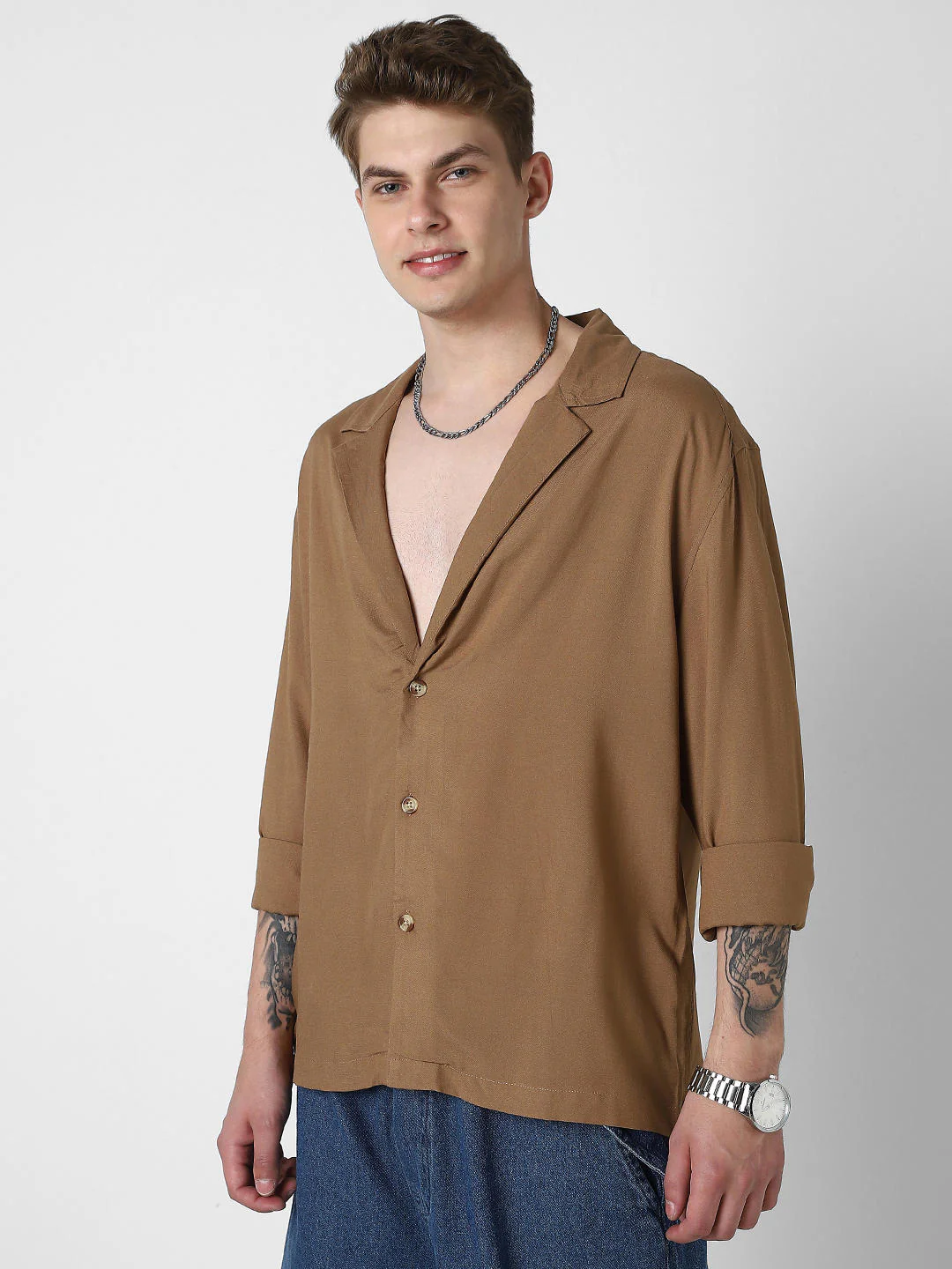 Solid Hazelnut Oversized Notched Lapel Collar Shirt - Image 6