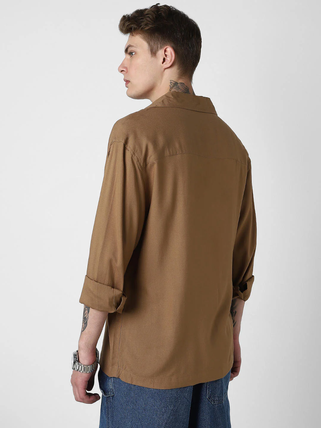 Solid Hazelnut Oversized Notched Lapel Collar Shirt - Image 7