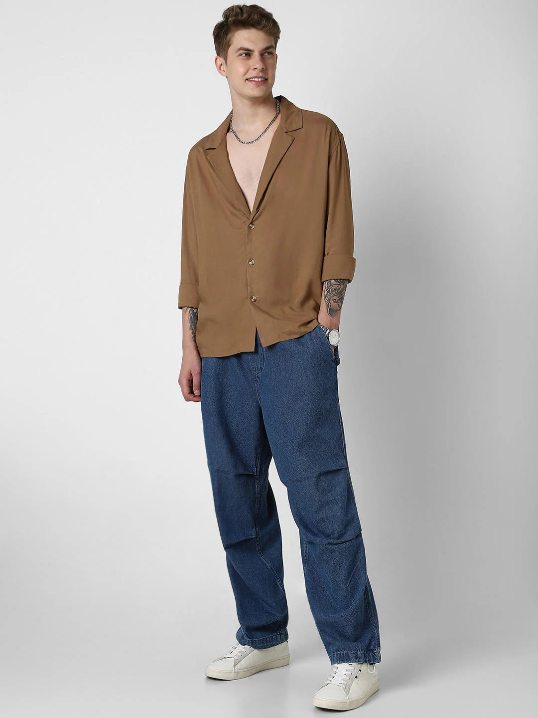 Solid Hazelnut Oversized Notched Lapel Collar Shirt - Image 8